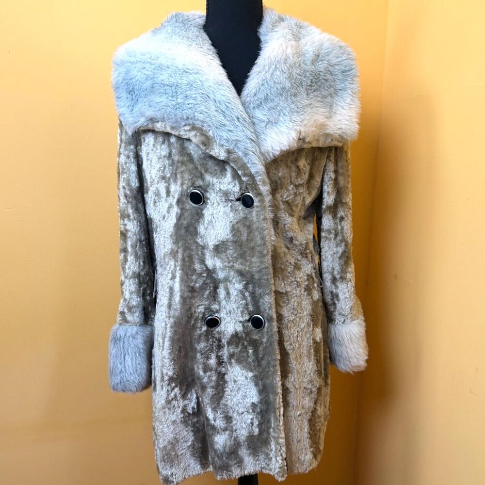 VTG 70s Crushed Velvet Faux Fur Penny Lane Afghan Coat ILGWU Fur Collar Glam M/L